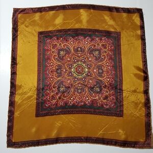 Vintage Silk Like Scarf GOLD PAISLEY MEDALIA Hand Rolled 19" SQUARE